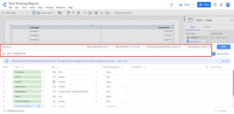 menu thông tin xác thực dữ liệu trong google data studio